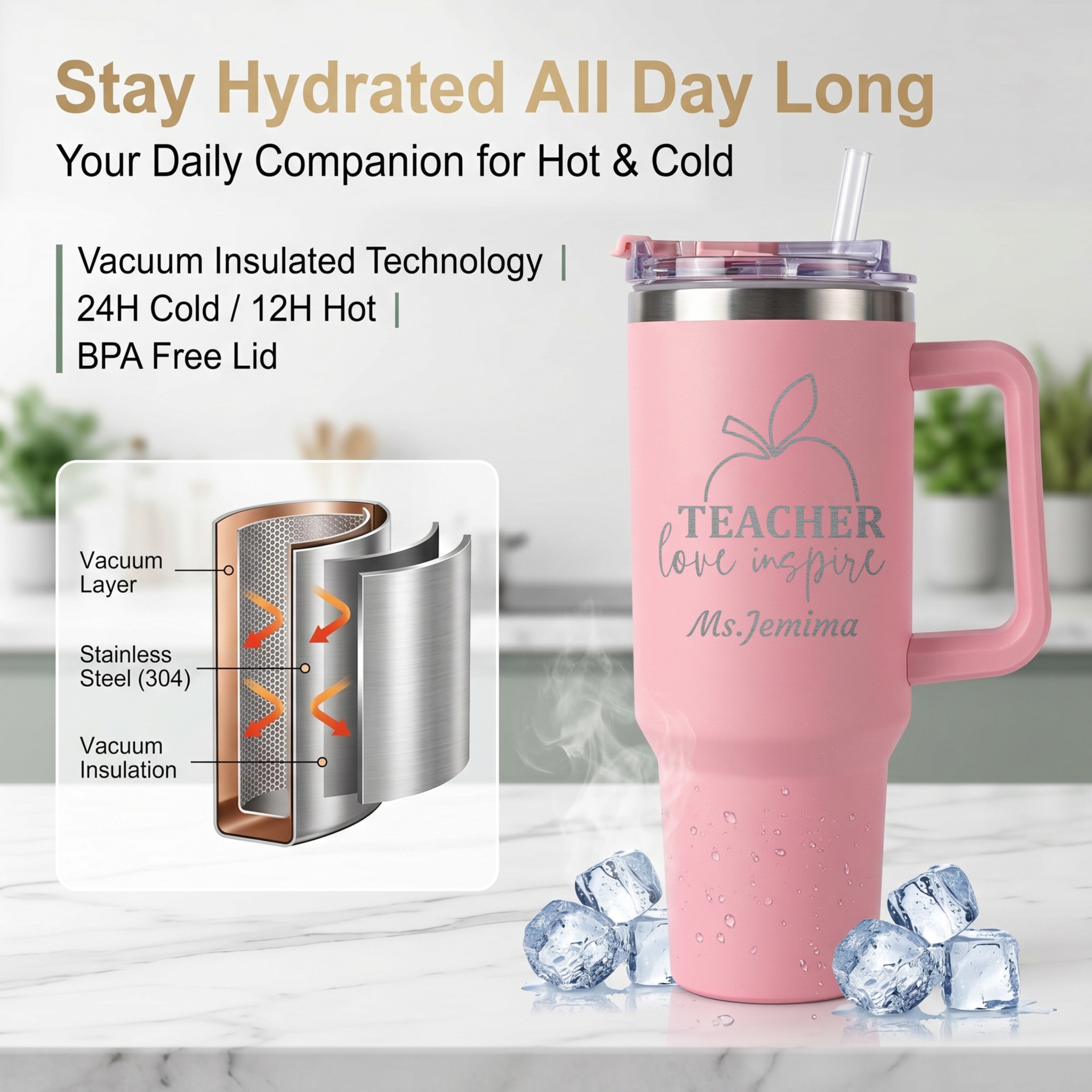 1L Teacher personalized text b - Stainless Steel Straw recension och pris